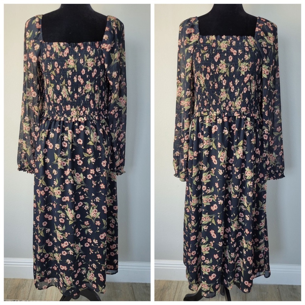 ✅ NWT 1.State black floral maxi dress smoked waist square neck size L - Picture 12 of 13